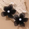 Black mesh flower earrings with faux pearl studs elegant double layer floral jewelry - Black Flower Style (EZ5257) / Black