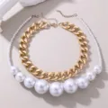 Mehrlagige grobe Goldkette und große Kunstperlen Choker Halskette Damen Statement Schmuck Detail. - Große Perle Goldkette Stil (NZ3237-1)