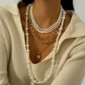 Mehrlagige Perlenkette grobe Goldkette Strass Herz Schloss Anhänger Choker Schmuck - Europäischer Übertriebener Stil (NZ1994) / Gold