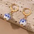 Elegant retro blue and white porcelain ceramic bead leverback earrings for women, vintage chic jewelry style. - Blue And White Pattern-Oval Bead Leverback (EZ5252lanbai-5)