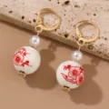 Retro Chinese style red ceramic plum blossom pearl earrings, elegant alloy leverback jewelry. - Red And White Pattern-Plum Leverback (EZ5254hongbai-2)