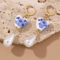 Vintage blue and white porcelain heart pearl drop earrings elegant chic gold plated jewelry - Blue Pattern-Heart Pearl (EZ5256lanse)