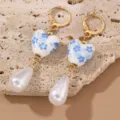 Blue and white porcelain heart faux pearl drop earrings gold tone vintage chic jewelry - Light Blue Floral-Heart Pendant (EZ5256qianlan)
