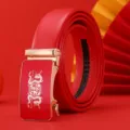 Cintura Pelle Rossa Uomo Fibbia Automatica Motivo Drago Regalo Matrimonio Festa Variante - Draghi doppi della fortuna rossi