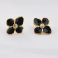 Pendientes de tuerca de flor de cuatro pétalos esmalte acero inoxidable estilo retro - Negro