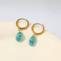 Detailed close-up of gold stainless steel hoop earrings with turquoise marbled stone beads - Turquoise Pattern Style (E1961) / 1 Pair Pack