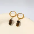 Detailed view of gold stainless steel hoop earrings with natural tiger eye stone beads. - Tiger Eye Pattern Style (E1960) / 1 Pair Pack