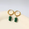 Gold-plated hoop earrings featuring green striped stone pendants detailed macro view - Malachite Pattern Style (E1959) / 1 Pair Pack
