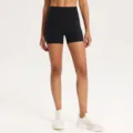 High-waisted black yoga shorts athletic fitness apparel comfortable running sportswear - S / Black