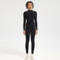 Schwarzer Langarm Front-Reißverschluss Einteiler Jumpsuit Sport Fitness für Damen - Schwarz