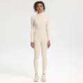 Damen langarm Front Reißverschluss einteiliger Yoga Jumpsuit nahtlose Fitness Sport Body - Helles Elfenbeinweiß