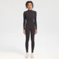 Women long sleeve zip up yoga jumpsuit fitness one piece tight athletic gym workout apparel - M / Graphite Grey