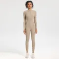 Khaki long sleeve zip fitness yoga jumpsuit for women, comfortable seamless stretch activewear. - M / Khaki