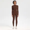 Brown long sleeve zip yoga jumpsuit, tight fitness bodysuit for workout session. - M / Chestnut Brown