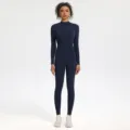 Long sleeve zip one-piece yoga jumpsuit, dark blue fleece-lined fitness activewear. - L / Navy Blue