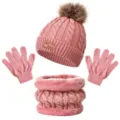 Conjunto de gorro bufanda y guantes rosa de invierno para niños, vista detalle con pompón. - Rosa oscuro