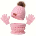 Conjunto de gorro bufanda y guantes de invierno rosa para niños con pompón suave y cálido - Rosa
