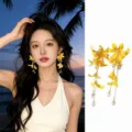 Yellow flower tassel earrings for women, chic beach vacation style long drop earrings. - Silver Earring Post Style / Yellow