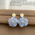 Handmade blue crystal beaded flower stud earrings with white daisy embroidery chic design - Beaded Flower Stud Earrings (70#) / Blue and White (70#)