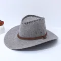Grey cotton linen western cowboy hat with brown braided rope band and metal eyelets detail. - One Size / Gray