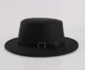 Detailed view of black wool felt flat top hat featuring leather belt and silver buckle accent. - One Size / Leather Ring Style / Black