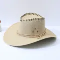 Cotton linen western cowboy hat outdoor travel sun protection beach straw fedora rolled brim - One Size / Beige