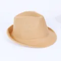 Camel felt fedora hat detail, showing soft texture and rolled brim style for men's fashion. - One Size / Camel