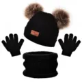 Children winter warm knitted hat scarf gloves set with double pom poms in solid black color - Double Pom-Pom Three-Piece Set - Black