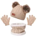 Kids winter warm knit hat scarf gloves set, cute double pom pom beanie and fleece snood. - Double Pom-Pom Three-Piece Set - Beige