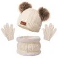 Children winter warm knitted hat scarf and gloves three-piece set with double pom poms white - Double Pom-Pom Three-Piece Set - White