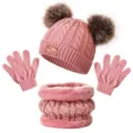 Kids winter pink knit hat, plush scarf and cozy gloves 3-piece warm set with double pom-poms. - Double Pom-Pom Three-Piece Set - Pale Pink