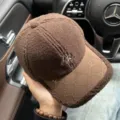 Brown shearling baseball cap winter thick warm plush hat rhinestone monogram brim daily wear - One Size / Coffee