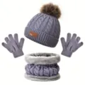 Conjunto de invierno para niños gorro con pompón bufanda y guantes gris de punto abrigado - Gris