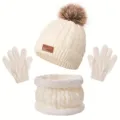 Conjunto de gorro bufanda y guantes de invierno para niños gorro con pompón blanco - Blanco