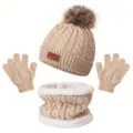 Conjunto de gorro bufanda y guantes de invierno para niños vista detallada, forro polar. - Beige