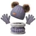 Children winter warm knitted hat scarf gloves three piece set with double pom poms gray - Double Pom-Pom Three-Piece Set - Gray