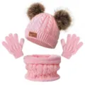 Kids winter warm 3-piece set detail view, pink knit beanie with double pom poms, scarf and gloves. - Double Pom-Pom Three-Piece Set - Pink