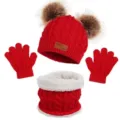 Kids winter warm hat scarf and gloves 3-piece set with double pom poms and soft lining red. - Double Pom-Pom Three-Piece Set - Bright Red