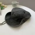 Washed vintage dark grey outdoor bucket hat, sun protection cowboy hat with windproof chin cord. - Gray