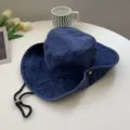 Washed denim bucket hat for outdoor camping, vintage sun protection cowboy hat with windproof cord. - Blue