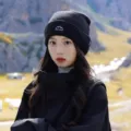 Black knitted beanie hat for women, warm winter cold hat with mountain embroidery detail. - Unisex One Size (56-60cm) / Outdoor Mountain Knit Hat - Black