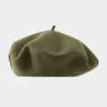 Olive green wool beret detail shot, classic vintage felt painter hat for autumn and winter. - Recommended Head Circumference 56-59 cm (Elastic, Non-adjustable) / Mustard Green