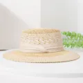 Summer woven straw hat for women, elegant two-tone boater hat with ribbon for beach and travel. - M (55-57cm) / Beige