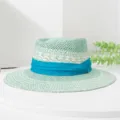 British style color-blocking woven straw hat for women summer wide brim sun hat chic fedora - M (55-57cm) / Light Green