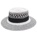 British style color-block woven straw hat for women summer wide brim sun hat chic fedora. - M (55-57cm) / White