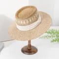 Woven straw hat for women, color-blocked dented crown design with wide beige band, summer sun hat. - M (55-57cm) / Khaki