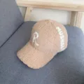 Detail view of winter women sherpa baseball cap with letter embroidery fuzzy hat casual. - L (58-60cm) / Camel