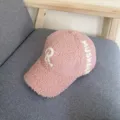 Autumn winter women sherpa baseball cap with letter embroidery fuzzy plush hat detail view - L (58-60cm) / Pink