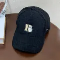 Black sherpa baseball hat for women, featuring cute bear and letter embroidery for autumn and winter. - Adjustable (Head Circumference 55-58cm) / Black