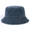 Dark blue vintage wash denim bucket hat, classic casual plain sun protection fisherman cap. - One Size / Denim Blue
